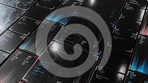 Vertical moving panels with running lines of code. Animation. Java programming language on the abstract rows of panels