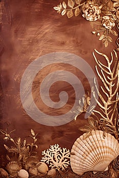 Vertical natura brown background, marine theme backdrop with copy space, grunge texture, tropical sea shells, top view, blank