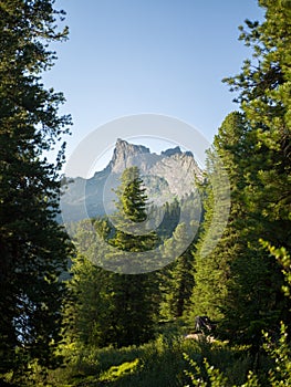 Vertical natural landscape in Ergaki Nature Park. View of Star Peak