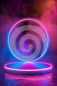 Vertical neon circle on a vibrant stage