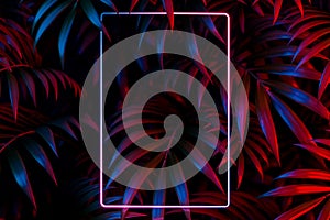 Vertical Neon Frame on Tropical Leaves Background. 3D rendering. Empty space. Copy space