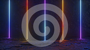 Vertical neon rays shine upward against a dark wall. Stone floor. Night club. Orange blue purple color. 3d illustration