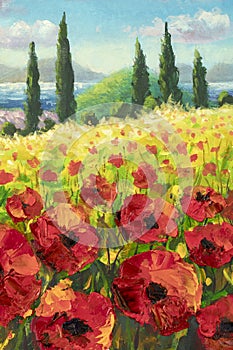Painting field of red flowers poppies, mountains and cypresses under summer sky photo