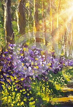 Vertical oil painting sun forest park landscape