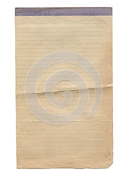 Vertical old aged notebook lined paper texture with on white