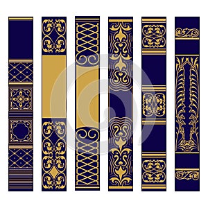 Vertical ornament set. Samples of spines or roots of the book. Ornate gold and blue pattern