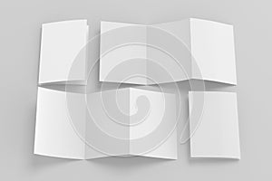 Vertical A5 pages accordion or zigzag trifold brochure mockup on white background. Three panels, six pages leaflet