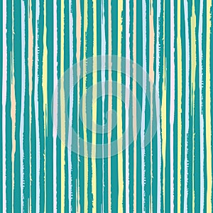 Vertical painterly pink, blue, coral pastel stripes. Dense seamless vector pattern on turquoise teal background. Great