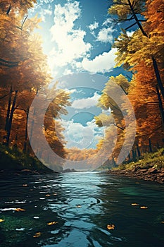 Vertical panorama, vertorama of bright autumn forest and river. With Generative AI technology photo