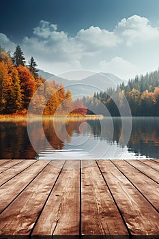 Vertical panorama, vertorama of bright autumn forest and river. With Generative AI technology photo