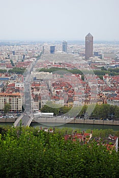 The vertical panoramic aerial view at Lyon from Basilique de Fourviere hill. Lyon. France