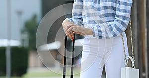 Vertical panoramic shot of girl with a trolley suitcase outdoors