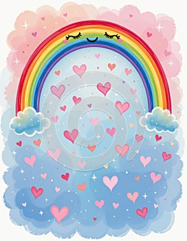 A vertical pastel illustration with a smiling rainbow arching across the upper frame and tiny hearts