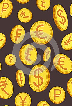 Vertical pattern with gold coins in different angles. Vector illustration.