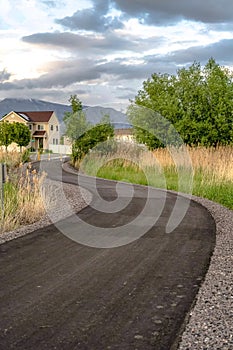 Vertical Paved road with yellow traffic delineator posts winding through a grassy field