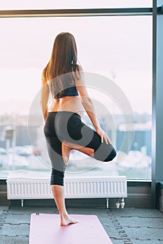 Vertical photo of athletic tone pregnant woman back in sportswear. Doing yoga Tree Pose asana exercise, relaxation