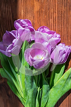 Vertical photo of a bouquet of tulips with lilac petals lies on a wooden table, illuminated by the light of the morning sun.