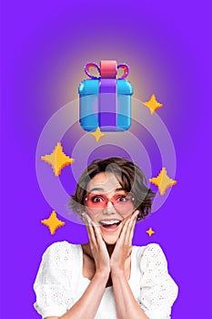 Vertical photo collage of astonished girl hands hold face surprise birthday box present holiday bow party isolated on