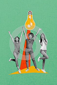 Vertical photo collage of astonished happy three girls find solution idea light bulb concept coworking isolated on