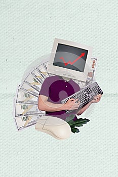 Vertical photo collage business guy computer screen instead head trading internet currency wealthy trader picture