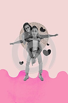 Vertical photo collage of crazy funky couple man hold woman ride piggyback have time together romantic date on creative