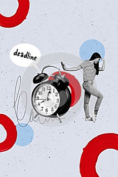Vertical photo collage of crazy girl hand hold head huge alarm clock deadline bubble text limit time expire isolated on