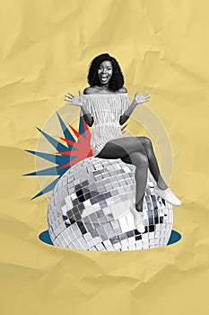 Vertical photo collage of excited american woman sit huge disco ball party retro relax club discotheque isolated on