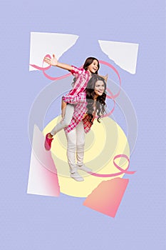 Vertical photo collage of family mom daughter ride back family outlook hair curls model pose  on painted