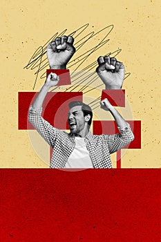 Vertical photo collage of frown scream guy show fist hands crowd picket demonstration rebellion rights riot isolated on photo