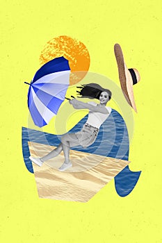 Vertical photo collage of girl blow wind tropical cyclone resort beach ocean vacation fly straw hat parasol isolated on