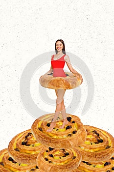 Vertical photo collage of girl swimsuit instead lifebuoy bun junk food carbohydrates bakery calories isolated on painted