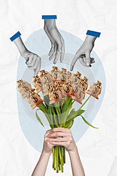 Vertical photo collage of hand hold bouquet tulips instead bud money dollars bag greeting gift woman day  on