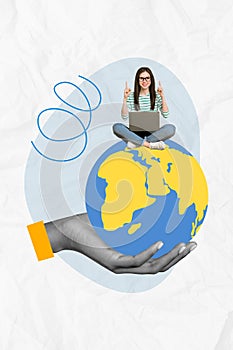 Vertical photo collage of hand hold planet earth globe sit happy girl macbook user freelance worker finger up isolated