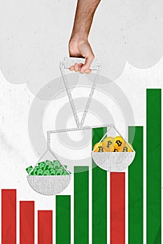 Vertical photo collage of hand hold scales comparison green banknotes cash bitcoin gold crypto money trader isolated on