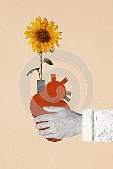 Vertical photo collage of hand hold sunflower plant conservation environment protect earth day agriculture isolated on