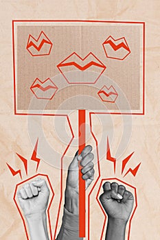 Vertical photo collage of hands hold picket poster lips freedom choice voices protest strike fist isolated on painted