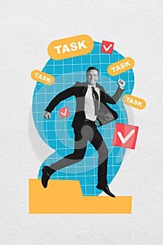 Vertical photo collage of happy businessman run hurry fulfill task check mark strategy plan deal productive isolated on