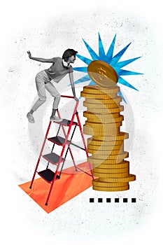 Vertical photo collage of happy busnesswoman climb ladder high gold coin stack money dollar income promotion isolated on