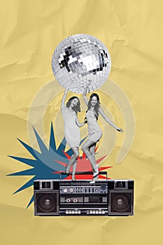 Vertical photo collage of happy chill girls dance party retro boombox recorder disco ball wear sexy dress isolated on