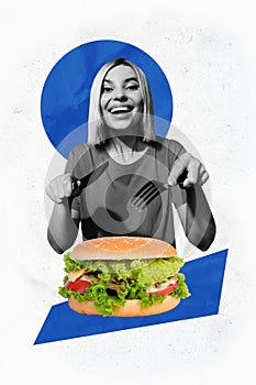 Vertical photo collage of happy excited blonde girl hold fork knife ready eat hamburger food diet carbs isolated on