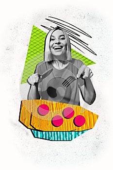 Vertical photo collage of happy excited blonde girl hold fork knife ready eat pizza pie fast food diet carbs isolated on