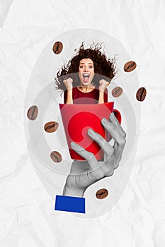 Vertical photo collage of happy excited girl peek large red coffee cup beans aroma espresso arabic natural isolated on