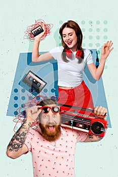 Vertical photo collage of happy friends vintage party redhead shocked man boombox girl headphones dance  on