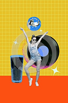Vertical photo collage of happy girl dance huge coke glass disco ball retro party record vinyl plate weekend  on