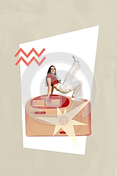 Vertical photo collage of happy girl dance old fashioned camera retro device photographing flash shoot star isolated on