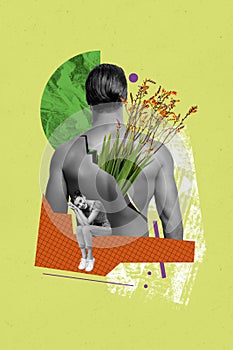 Vertical photo collage of happy girl naked male back brake flowers greeting bouquet holiday spring massage isolated on