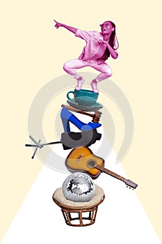 Vertical photo collage of happy girl stand pile things disco ball guitar heels hammer cup saucer rarity retro isolated photo