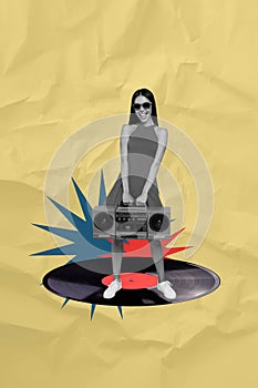 Vertical photo collage of happy girl stand vinyl plate hold retro boombox party club wear dress sunglass isolated on