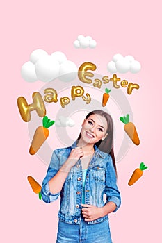 Vertical photo collage of happy girl wear denim costume easter tradition family holiday spring atmosphere  on