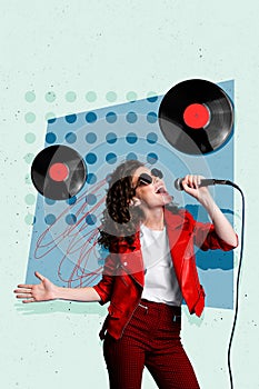 Vertical photo collage of happy girl wear red leather jacket sing mic retro vinyl plate party performance isolated on